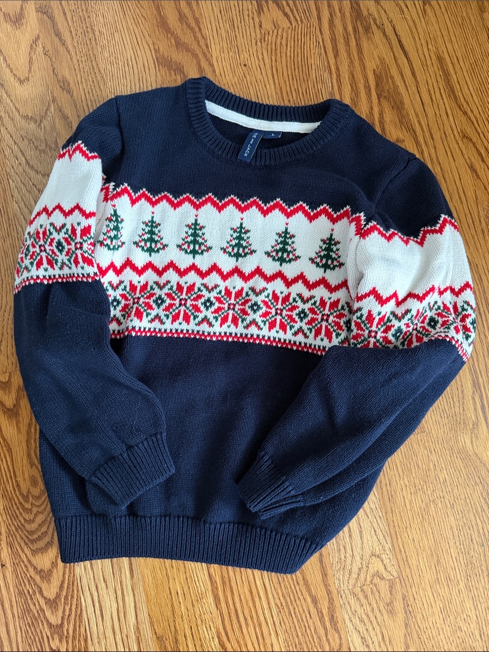 Janie and Jack Navy Fair Isle Holiday Sweater with Red, White, and Green Pattern